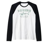 Bar Harbor Maine Shark Fishing Arched Dark Green Letters Raglan Baseball Tee
