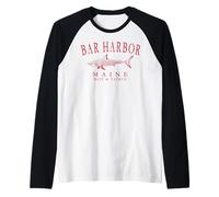 Bar Harbor Maine Shark Fishing Arched Red Letters Raglan Baseball Tee