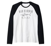 Bar Harbor Maine Shark Fishing Arched Slate Letters Raglan Baseball Tee