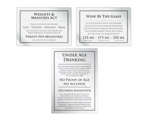 Bar Licensing Pack - Essential Law Signs for Weights & Measures Act 3 Black Silver Signs for Wine by the Glass (25ml, 125ml, 175ml, 250ml) and Under Age Law