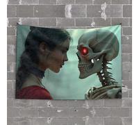 Bar Man Cave Decor A Woman Gazes Into The Eye of A Skeletal Figure with A Red Light Tapestry Wall Hanging Cave Man Bar(100X150CM)