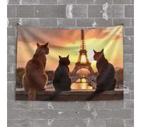 Bar Man Cave Decor Three Cats Admire The Eiffel Tower at Sunset Tapestry Wall Hanging Cave Man Bar(100X150CM)