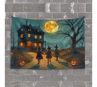 Bar Man Cave Decor Three Witches Walk Towards A Haunted House On Halloween Night Tapestry Wall Hanging Cave Man Bar(100X150CM)