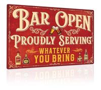 "Bar Open" Bar Sign, "Proudly Serving Whatever You Bring" Metal Tin Sign, Funny Bar Accessories for Home Pub, Man Cave, Outdoor Garden, 12x8 Inches