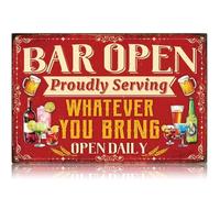 "Bar Open" Metal Tin Sign, "Proudly Serving Whatever You Bring" Bar Sign, Funny Bar Accessories for Home Pub, Man Cave, Club, 12x8 Inches