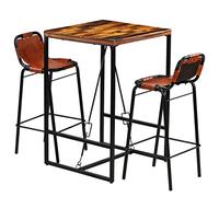 Bar Set 3-Piece Reclaimed Solid Wood Bar Table and 2 Bar Chairs Made of Real Goat Leather Powder Coated Steel Compact Rustic for Dining Room Kitchen Modern