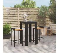 Bar Set 3pc Black PE Rattan & Acacia Wood Stools 78cm Seat Height 60.5x110.5cm