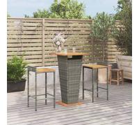 Bar Set 3pc Grey PE Rattan & Acacia Wood 60x60x110cm Table 40x44x86cm Stools Set