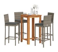 Bar Set 5pc Grey PE Rattan Acacia Solid Wood 60cm Table 4 Stools CushionsOutdoor