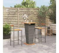 Bar Set 60x60x110cm Grey PE Rattan & Acacia Wood Bar Table with 2 Stools Seat78