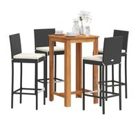 Bar Set Black 60x60x105cm Acacia Wood Table & 4 PE Rattan Stools Cream Cushions