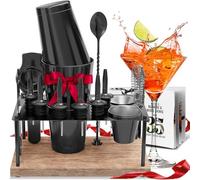 Bar Set Cocktail Shaker Set Bartender Kit, 17 Piece Black Cocktail Set, Mixology Bartender Kit with Wood Stand, Steel Cocktail Kit, Bar Accessories: 30oz Martini Shaker, Muddler, Cocktail Book & More