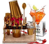 Bar Set Cocktail Shaker Set Bartender Kit, 17 Piece Gold Cocktail Set, Mixology Bartender Kit with Wood Stand, Steel Cocktail Kit, Bar Accessories: 30oz Martini Shaker, Muddler, Cocktail Book & More