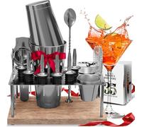 Bar Set Cocktail Shaker Set Bartender Kit, 17 Piece Silver Cocktail Set, Mixology Bartender Kit with Wood Stand, Steel Cocktail Kit, Bar Accessories: 30oz Martini Shaker, Muddler, Cocktail Book & More