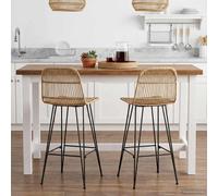 Bar Stool 2pc Natural Rattan & Steel 75cm Seat Height 44x55x109cm Indoor Kitchen