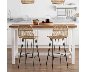 Bar Stool 2pc Natural Rattan & Steel 75cm Seat Height 44x55x109cm Indoor Kitchen