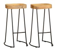 Bar Stool 2pc Solid Mango Wood Seat Iron Frame Brown & Black 41x44x76 cm Modern