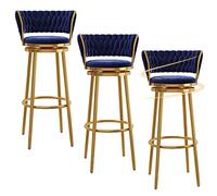 Bar Stools Set of 3 Bar Chairs 360-Degrees Swivel Velvet Counter Stools with Backrest Tall Bar Stools for Home Dining Kitchen Pub, 26/30 (Blue,29.6in/75cm)