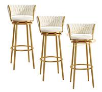 Bar Stools Set of 3 Bar Chairs 360-Degrees Swivel Velvet Counter Stools with Backrest Tall Bar Stools for Home Dining Kitchen Pub, 26/30 (White,29.6in/75cm)