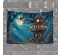 Bar Stuff for Man Cave A Magical Treehouse Glowing Under A Full Moon Tapestry Indie Room Decor Men Cave Decor(75X100CM)