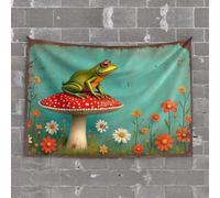 Bar Stuff for Man Cave Frog On Mushroom in A Colorful Garden Tapestry Tapestry Funny Aesthetic Decor(100X150CM)