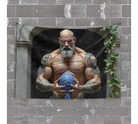 Bar Stuff For Man Cave Muscular Elder With Inked Skulls Holding Blue Orb Tapestry Funny Bedroom Decor Wall Tapestry(100X150CM)