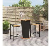 Bar Table & 2 Stools Set Garden Black PE Rattan Acacia Wood 60x60x110/40x44x86cm
