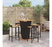 Bar Table with 4pc Stools Black PE Rattan Acacia Wood 80x80x110cm 40x44x86cm Set
