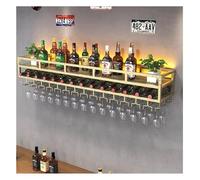 Bar Unit Floating Shelves, 2-Layer Industrial Style Wall Mounted Wine Rack Inverted Wine Glass Rack with LED Light for Home Bar Dining Room Decor All-Round Anti-Fall Guardrail