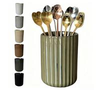 Bar Utensil Holder in Stoneware for Coffee, Tea and Coffee Spoon and Mixer for Blender, Straw, Teaspoon, Spoon, Cup, Small Fluted Utensil Jar with Vertical Stripes (Retro Green)