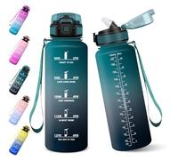 Baramumu 1500ML BPA Free Straw Water Bottle Motivational Water Bottle with Time Indicator Gym Straw - Dark Green & Grey