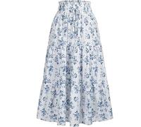 BARASA Summer Women's Midi Skirts Boho High Elastic Waist Fake Drawstring Floral Print A line Casual Cute Skirt D626, Navy White, M