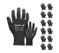 Baratec Black PU Work Gloves 12 Pairs, Mens Womens Unisex, Safety Working, Protective, Gardening, PPE Grip, Construction, Warehouse, DIY, EN388 Certified, Comfortable Polyester Liner, Size XL