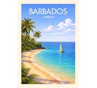 Barbados Caribbean Beach Art Print, Tropical Paradise Wall Decor, Palm Trees and Sailboat Ocean Scene Poster. Size A4