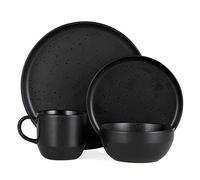 Barbary & Oak Cascade 16 Piece Dinner Set, Durable Stoneware, Ripple-Effect Design, Dishwasher & Microwave Safe, Black and Cream Speckled, BO867006BLK