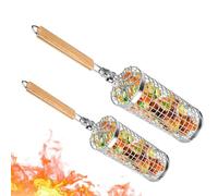 Barbecue Baskets, Nesting Grill Baskets, Vegetable Basket, Set of 2 Foldable Stainless Steel Grill Tools with Wooden Handle for Vegetables