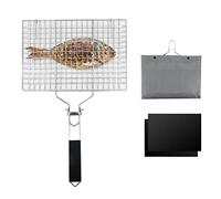 Barbecue Grilling Basket, Portable Grill Basket Foldable Stainless Steel BBQ Grill Net with Grill Mat for Roast Fish, Shrimp, Vegetable, Steak, Meat