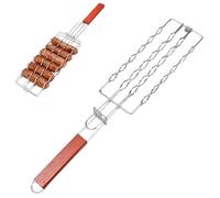 Barbecue Sausage Tongs with 6 Sausages with Wooden Handle, 48.5 x 9 cm (Silver) - Barbecue Utensils with 180° Locking
