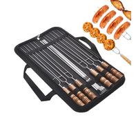 Barbecue Skewers - 10 Stainless Steel Skewers with Wooden Handle - Flat Rustproof Reusable Barbecue Tools for Outdoor Camping Picnic