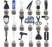 Barber Cupcake Toppers 24PCS Barber Birthday Party Decorations Glitter Hairstylist Cake Decorations Haircut Hair Salon Party Decorations for Barbershop Hairdresser Graduation Party Supplies