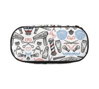 Barber Shop Monochrome Style Double Zipper Pencil Case Makeup Bag,Large Capacity Crush-Resistant Polyester Organizer With 4 Pen Slots And Mesh Pocket For School Office Travel (Full Print Design)