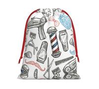 Barber Shop Monochrome Style Print Ultra Soft Plush Drawstring Gift Bag, Xmas Party Candy Treat Favors, Christmas Holiday Sacks, Wedding Jewelry Pouches