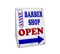 BARBER SHOP OPEN Sign w/Directional Left Right Arrow 2-Sided Red White Blue Plastic Frames Sandwich Board Kit Grommets & Zip Ties Included! (24x18)