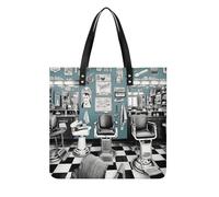 Barber Shop PU Leather Tote Bag, Lightweight Spacious Carryall Tote with Soft Touch Material, Durable Reusable Handbag for Work Travel Shopping Weekend Activities