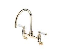 Barber Wilsons Wall Mounted Kitchen Mixer Tap With Swivel Swan Neck Spout - R2010 Finish: Polished Brass, Tap Head Style: Crosshead Ceramic Disc (1/4