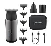 BarberBoss 3-in-1 Men’s Electric Shaver, Travel Trimmer Kit for Men, Beard & Hair Trimmer, Nose & Ear Trimmer, Mini Foil Shaver Head, Male Grooming Set with 5 Guide Combs, QR-2211