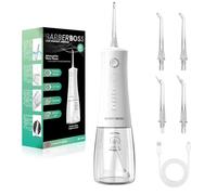 BarberBoss Advanced Water Flosser, 5 Pressure Modes and 340ml Large Tank, IPX8 Waterproof Oral Irrigator, 4 Jet Tips & Travel Lock, Water Flosser for Teeth & Gums, Portable Flosser QR-7104 (White)