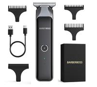 BarberBoss Cordless Hair Trimmer for Men, Beard T-Blade Groomer, Waterproof Grooming Kit with 4 Guide Combs, LCD Display, USB Fast Charging, Face & Body Hair Clipper (Black)