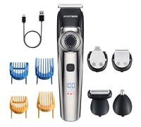 BarberBoss Cordless Hair Trimmer for Men, Ceramic Blades, Men’s Beard Trimmer, LED Display, USB Rechargeable, Waterproof Grooming Kit with Nose, Ear & Detail Attachments