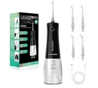 BarberBoss Cordless Water Flosser, Oral Irrigator with 4 Jet Tips and 5 Pressure Modes, Professional Teeth & Gum Cleaner, 340 ml Water Tank and IPX8 Waterproof, QR-7105 (Black)